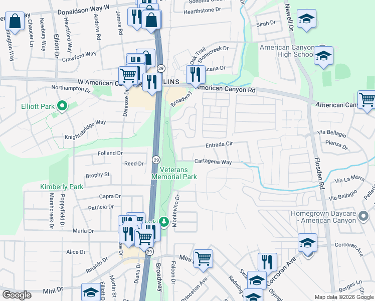 map of restaurants, bars, coffee shops, grocery stores, and more near 127 Entrada Circle in American Canyon