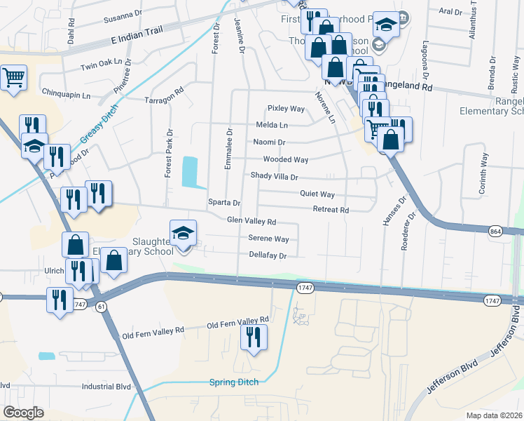 map of restaurants, bars, coffee shops, grocery stores, and more near 6101 Shadow Run Road in Louisville