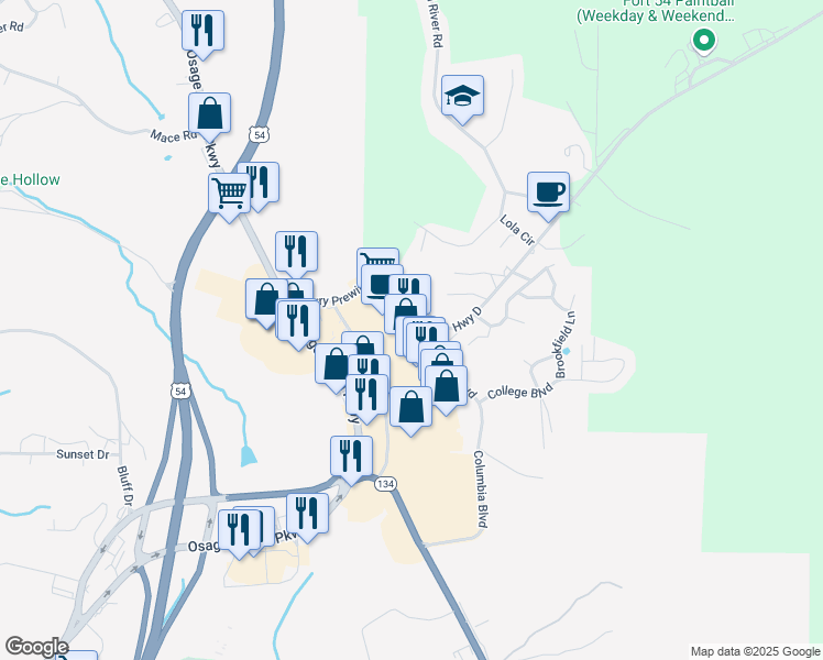 map of restaurants, bars, coffee shops, grocery stores, and more near 919 Highway D in Osage Beach