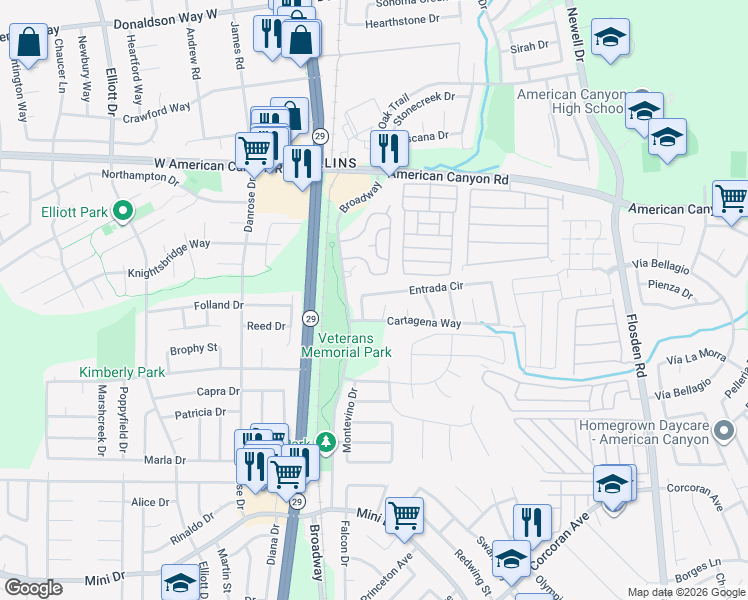 map of restaurants, bars, coffee shops, grocery stores, and more near 127 Entrada Circle in American Canyon
