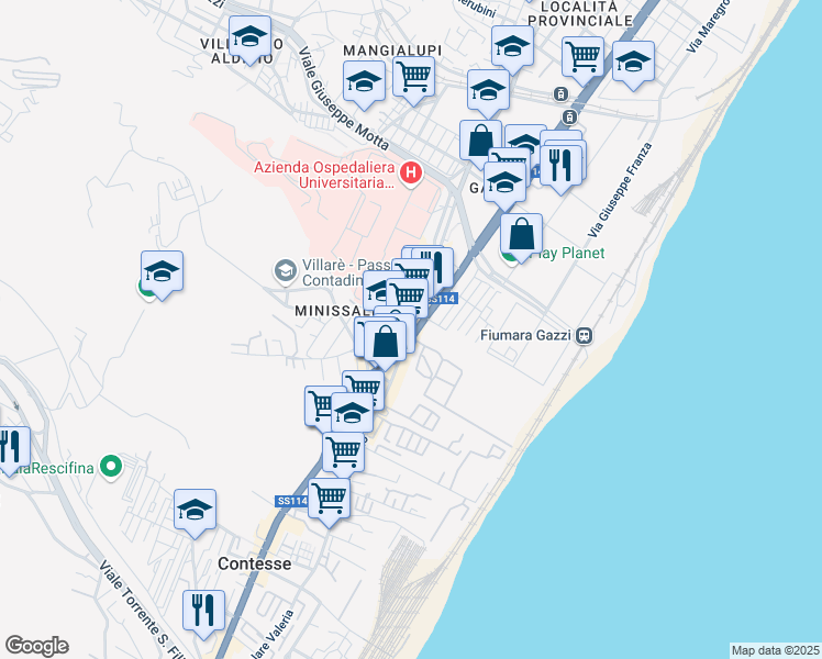 map of restaurants, bars, coffee shops, grocery stores, and more near 110 Via Consolare Valeria in Messina