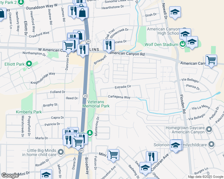map of restaurants, bars, coffee shops, grocery stores, and more near in American Canyon