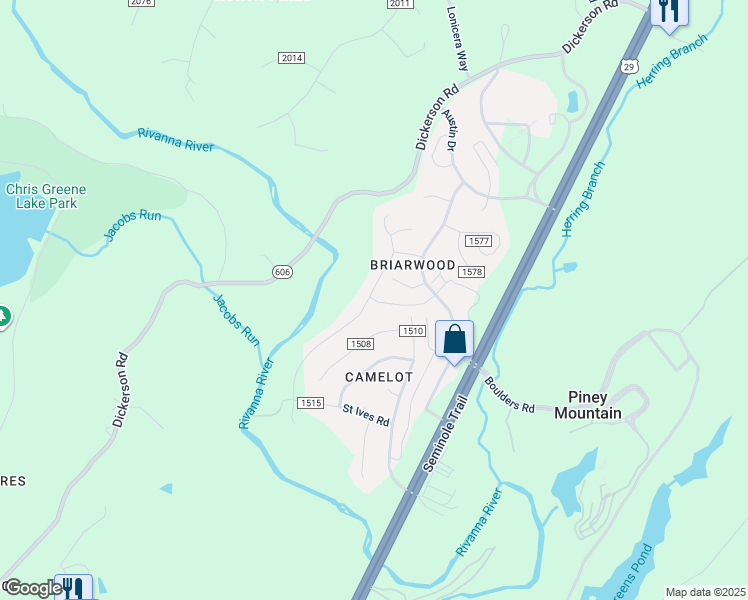 map of restaurants, bars, coffee shops, grocery stores, and more near 4446 Sunset Drive in Charlottesville