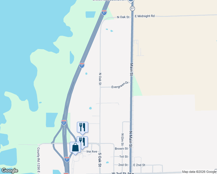 map of restaurants, bars, coffee shops, grocery stores, and more near 101-199 Evergreen Drive in Ina