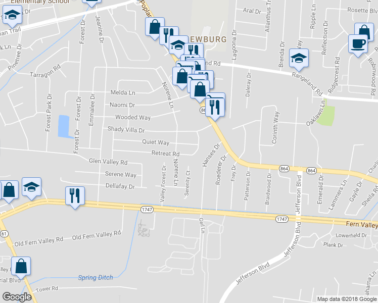 map of restaurants, bars, coffee shops, grocery stores, and more near 4309 Retreat Road in Louisville