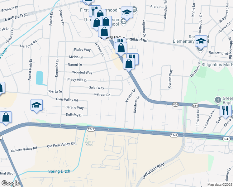map of restaurants, bars, coffee shops, grocery stores, and more near 4309 Retreat Road in Louisville