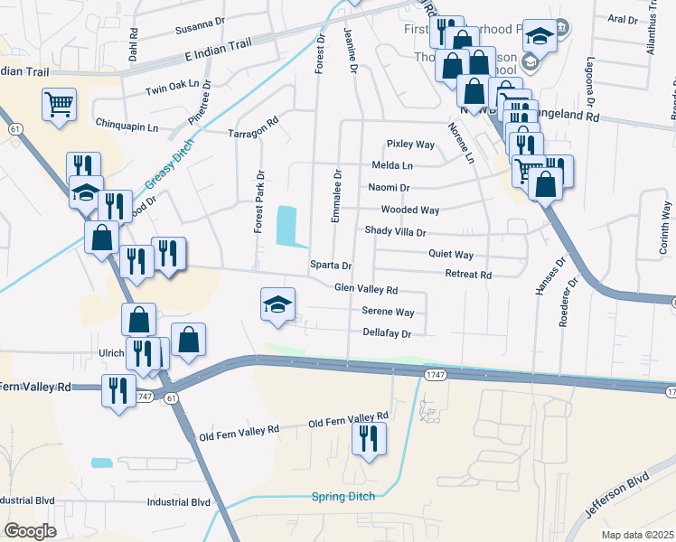 map of restaurants, bars, coffee shops, grocery stores, and more near 3912 Sparta Drive in Louisville