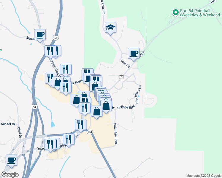 map of restaurants, bars, coffee shops, grocery stores, and more near Highway D in Lake Ozark