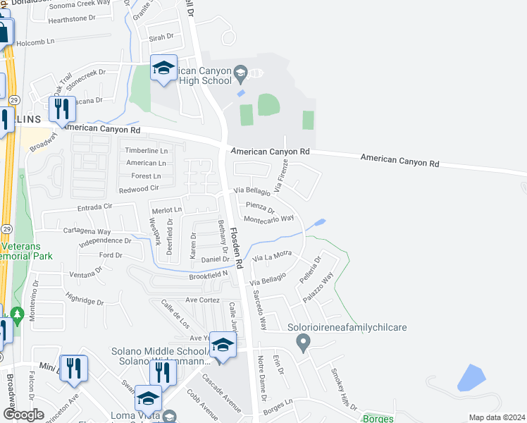 map of restaurants, bars, coffee shops, grocery stores, and more near 22 Pienza Drive in American Canyon