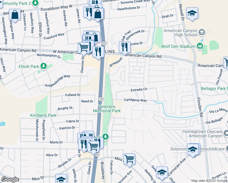 map of restaurants, bars, coffee shops, grocery stores, and more near 142 Entrada Circle in American Canyon