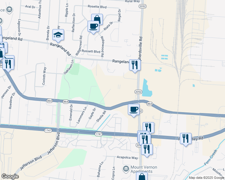 map of restaurants, bars, coffee shops, grocery stores, and more near 4877 Charlotte Drive in Louisville