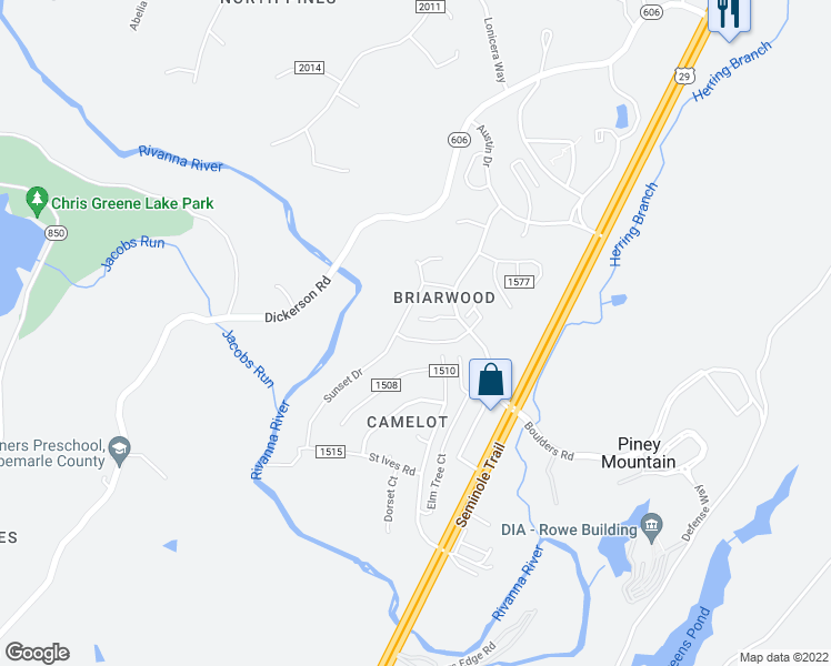 map of restaurants, bars, coffee shops, grocery stores, and more near 2378 Jersey Pine Ridge in Charlottesville