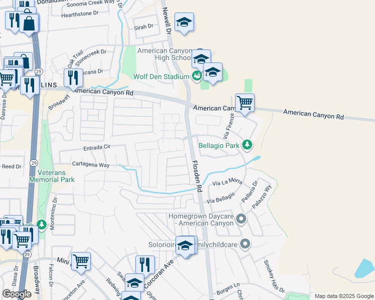 map of restaurants, bars, coffee shops, grocery stores, and more near 890 Spring Mountain Lane in American Canyon