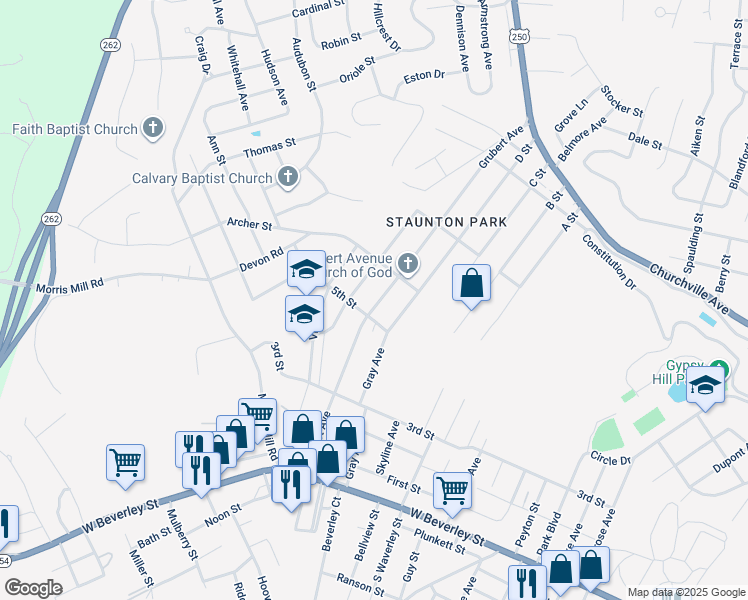 map of restaurants, bars, coffee shops, grocery stores, and more near 406 Grubert Avenue in Staunton
