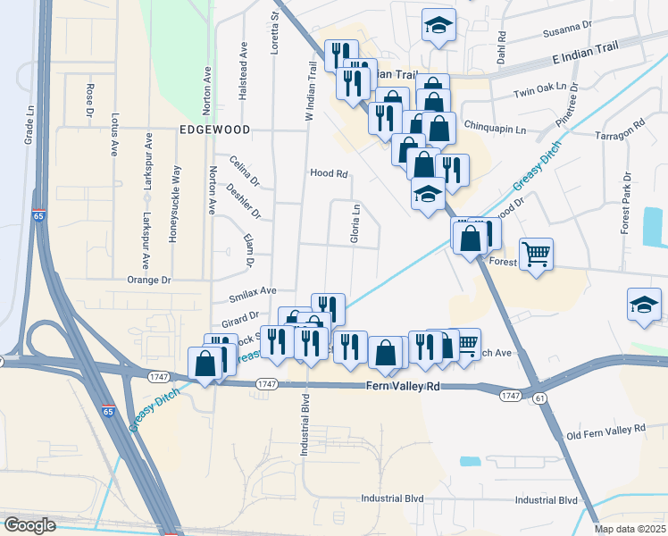 map of restaurants, bars, coffee shops, grocery stores, and more near 6107 Catheen Way in Louisville