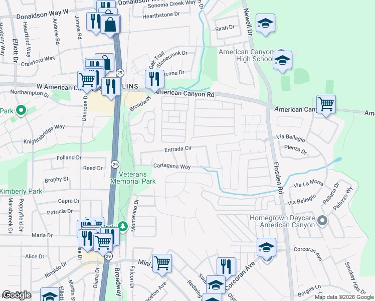 map of restaurants, bars, coffee shops, grocery stores, and more near 122 Catalonia Drive in American Canyon