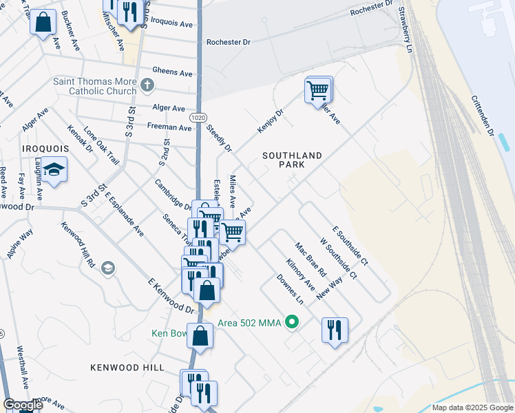 map of restaurants, bars, coffee shops, grocery stores, and more near 6611 Evangeline Avenue in Louisville