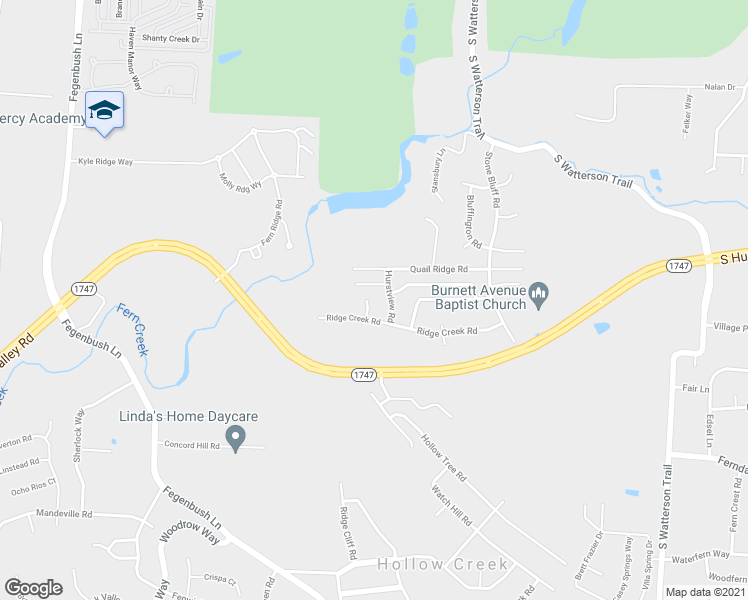 map of restaurants, bars, coffee shops, grocery stores, and more near 6003 Ridge Creek Court in Louisville