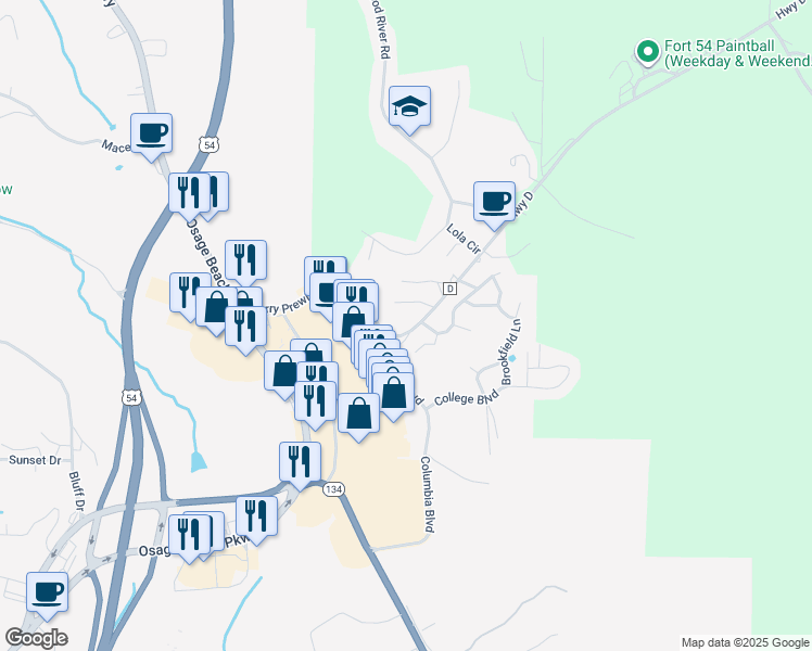 map of restaurants, bars, coffee shops, grocery stores, and more near Highway D in Lake Ozark