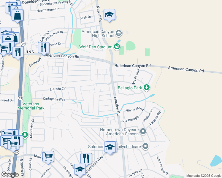 map of restaurants, bars, coffee shops, grocery stores, and more near 890 Spring Mountain Lane in American Canyon