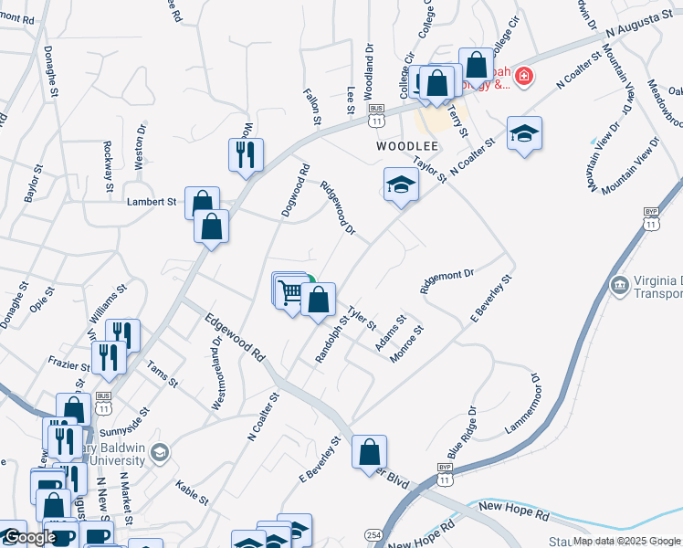 map of restaurants, bars, coffee shops, grocery stores, and more near 814 North Coalter Street in Staunton