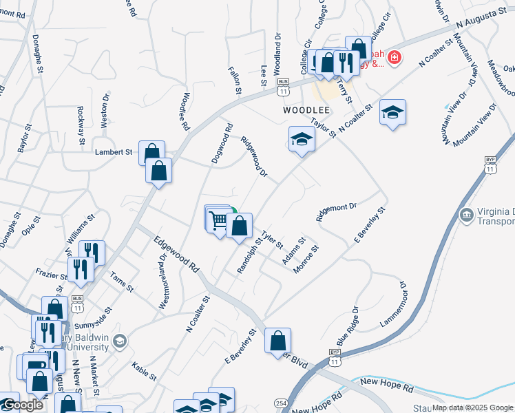 map of restaurants, bars, coffee shops, grocery stores, and more near 814 North Coalter Street in Staunton