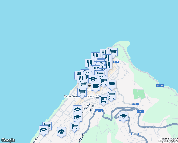 map of restaurants, bars, coffee shops, grocery stores, and more near 35 Via Andrea Doria in Capo D'orlando