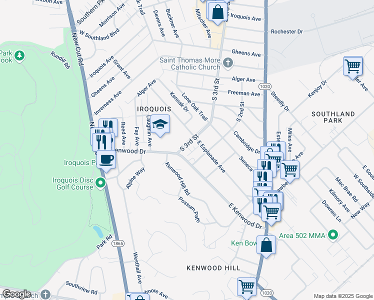 map of restaurants, bars, coffee shops, grocery stores, and more near 6709 South 3rd Street in Louisville