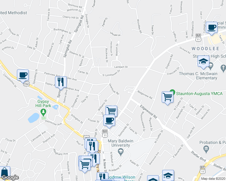 map of restaurants, bars, coffee shops, grocery stores, and more near 209 Overlook Road in Staunton