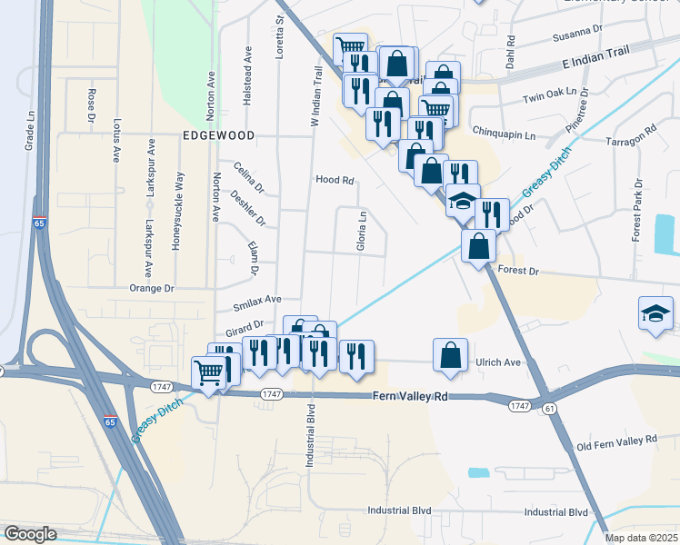 map of restaurants, bars, coffee shops, grocery stores, and more near 6107 Catheen Way in Louisville