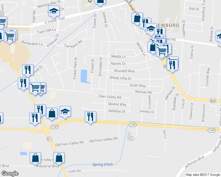 map of restaurants, bars, coffee shops, grocery stores, and more near 6012 Shadow Run Road in Louisville