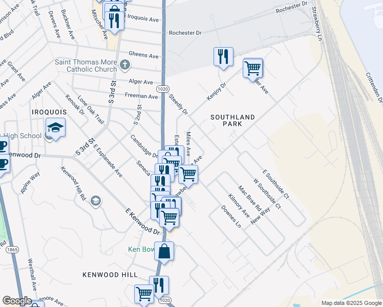map of restaurants, bars, coffee shops, grocery stores, and more near 6547 Miles Avenue in Louisville