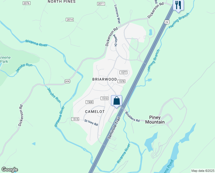 map of restaurants, bars, coffee shops, grocery stores, and more near 4566 Briarwood Drive in Charlottesville
