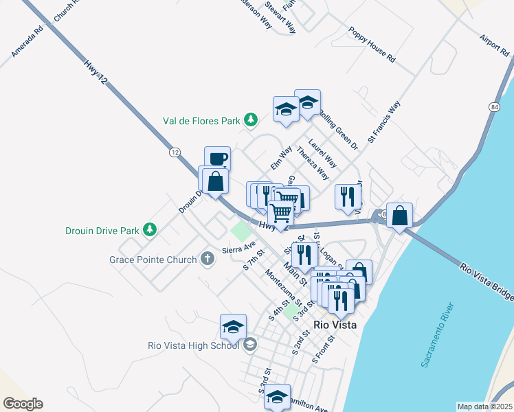 map of restaurants, bars, coffee shops, grocery stores, and more near 909 Flores Way in Rio Vista