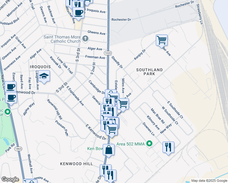 map of restaurants, bars, coffee shops, grocery stores, and more near 6550 Estele Avenue in Louisville