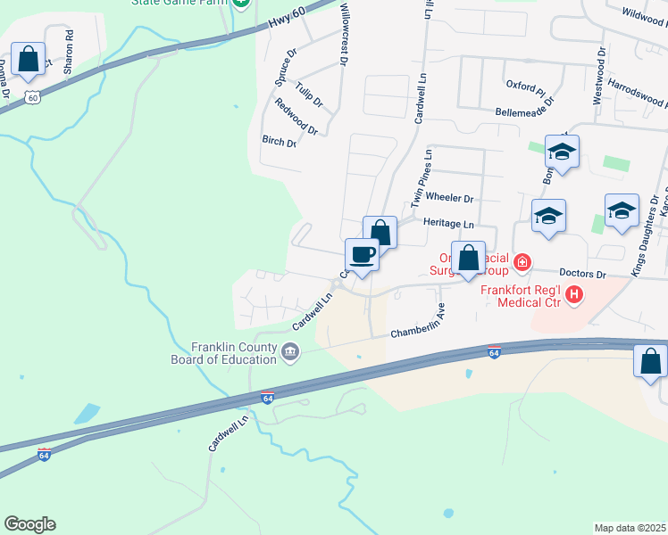 map of restaurants, bars, coffee shops, grocery stores, and more near 68 C Michael Davenport Boulevard in Frankfort