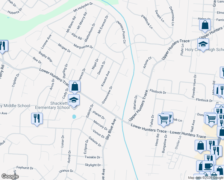 map of restaurants, bars, coffee shops, grocery stores, and more near 6313 Greenview Drive in Louisville