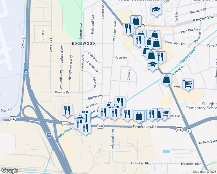 map of restaurants, bars, coffee shops, grocery stores, and more near 1013 West Indian Trail in Louisville