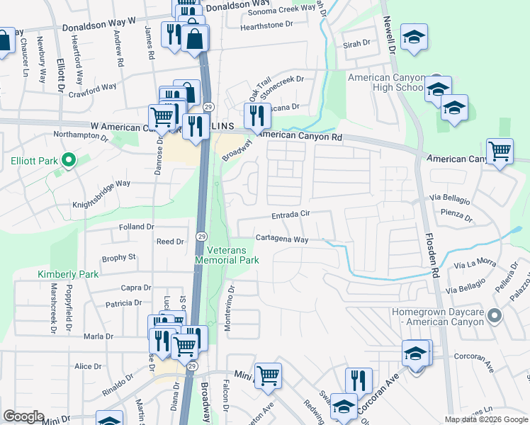 map of restaurants, bars, coffee shops, grocery stores, and more near 106 Entrada Circle in American Canyon