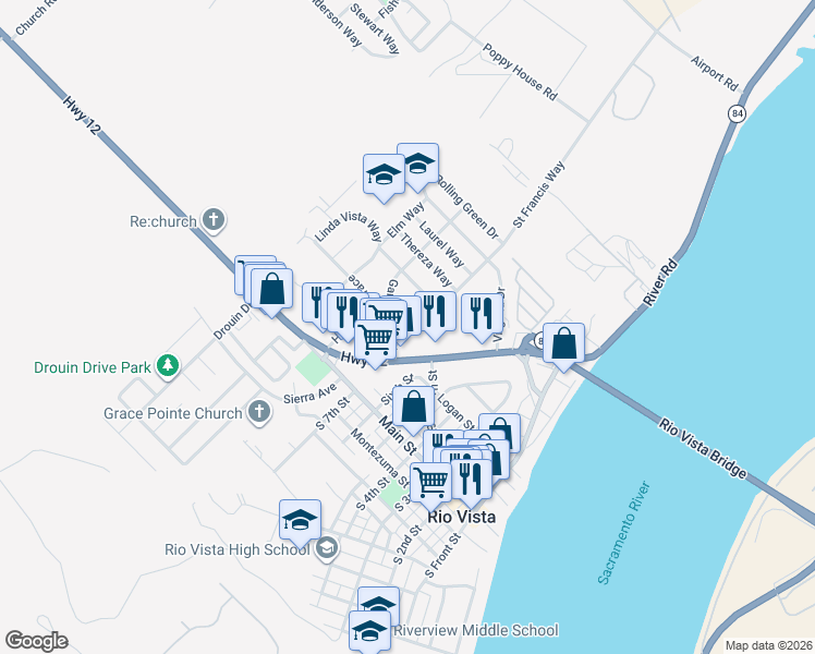 map of restaurants, bars, coffee shops, grocery stores, and more near 123 Saint Francis Way in Rio Vista