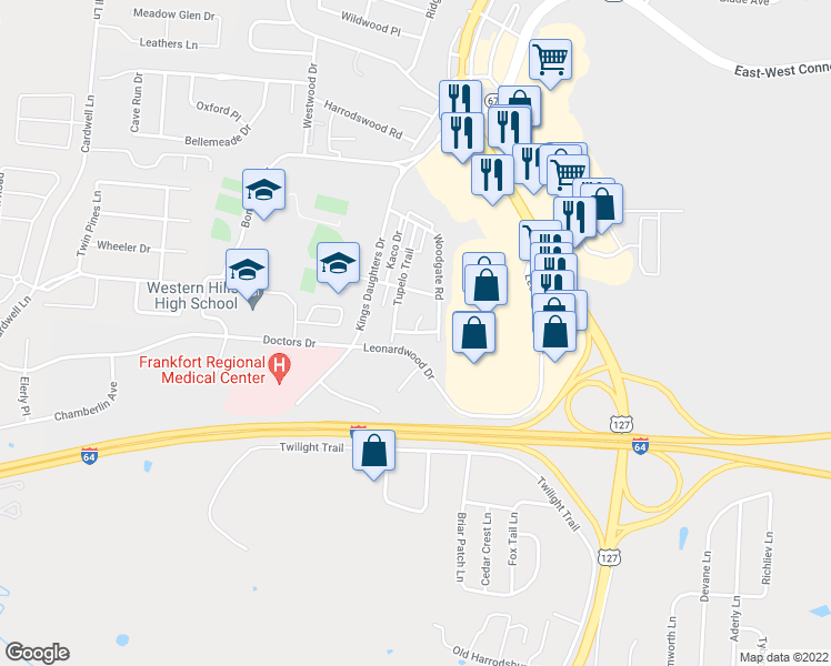 map of restaurants, bars, coffee shops, grocery stores, and more near Arborwood Drive in Frankfort