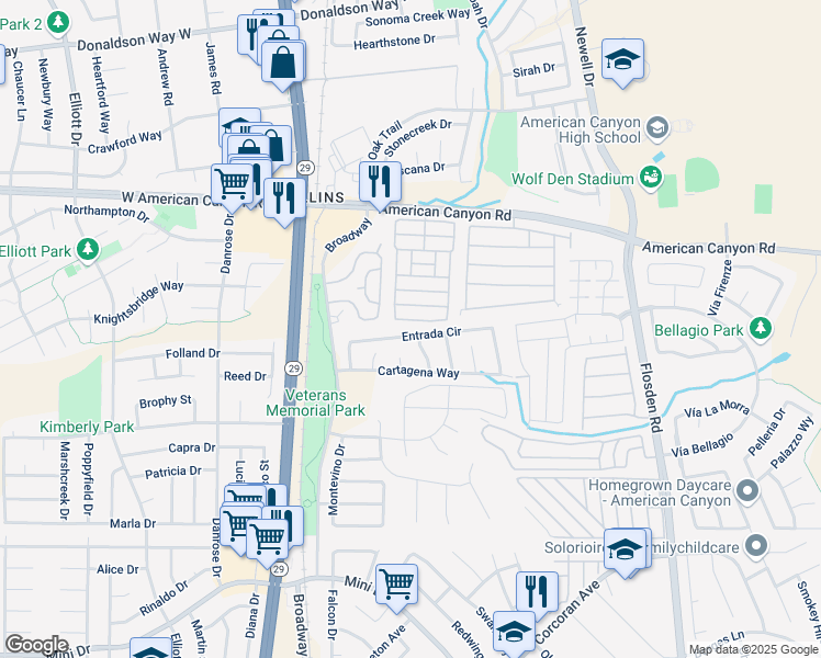 map of restaurants, bars, coffee shops, grocery stores, and more near 94 Entrada Circle in American Canyon