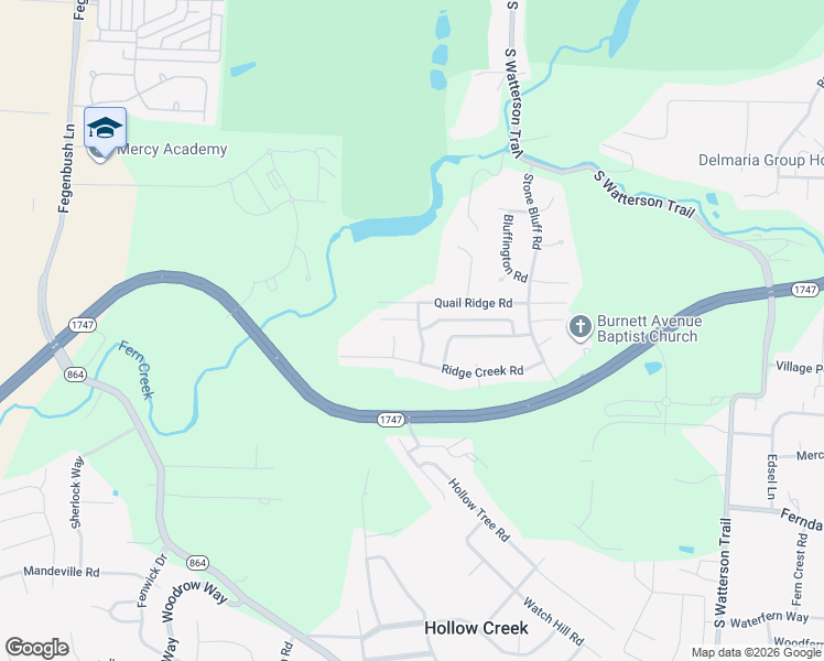 map of restaurants, bars, coffee shops, grocery stores, and more near 6003 Ridge Creek Court in Louisville