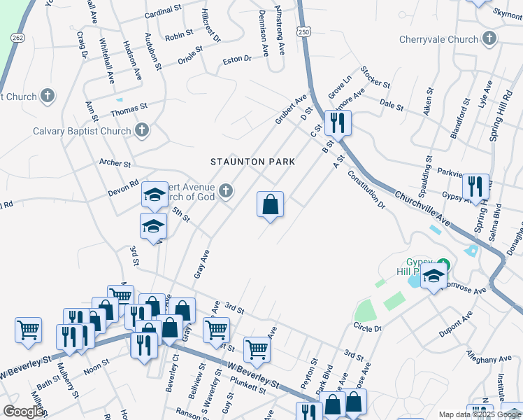 map of restaurants, bars, coffee shops, grocery stores, and more near 500 C Street in Staunton