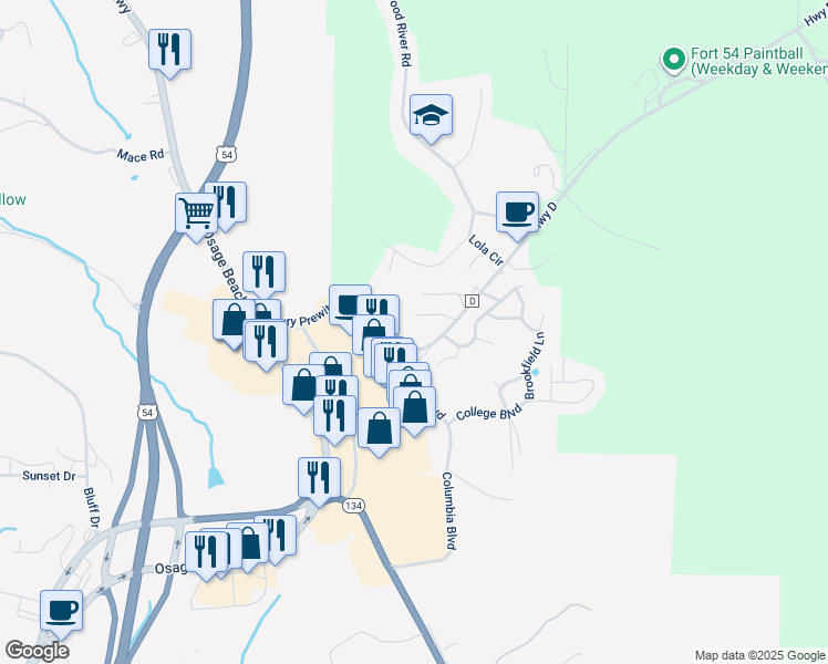 map of restaurants, bars, coffee shops, grocery stores, and more near Highway D in Lake Ozark