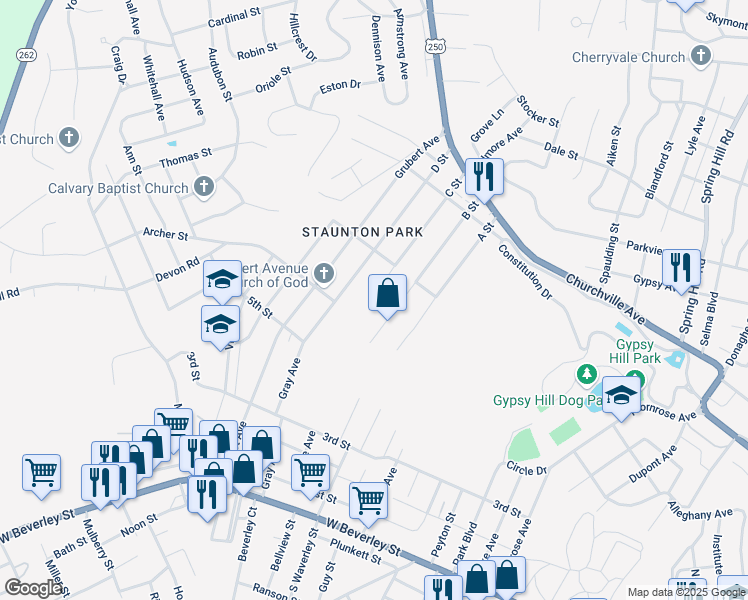 map of restaurants, bars, coffee shops, grocery stores, and more near 500 C Street in Staunton