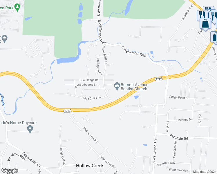 map of restaurants, bars, coffee shops, grocery stores, and more near 7403 Covey Place in Louisville