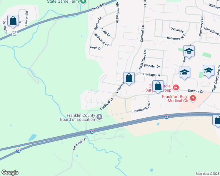 map of restaurants, bars, coffee shops, grocery stores, and more near 68 C Michael Davenport Boulevard in Frankfort