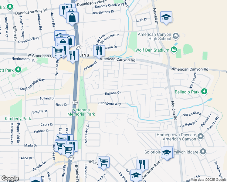 map of restaurants, bars, coffee shops, grocery stores, and more near 78 Entrada Circle in American Canyon
