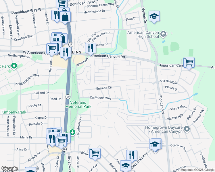map of restaurants, bars, coffee shops, grocery stores, and more near 122 Catalonia Drive in American Canyon